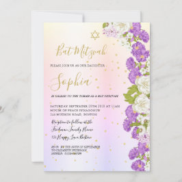 Judiska Bat mitzvah Lilan Blommigt Guld Hebrew Inbjudningar