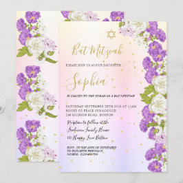 Judiska Bat mitzvah Lilan Blommigt Guld Hebrew Inbjudningar