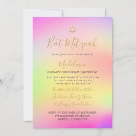 Judiska Bat mitzvah regnbåge Guld Girls Hebrew Inbjudningar
