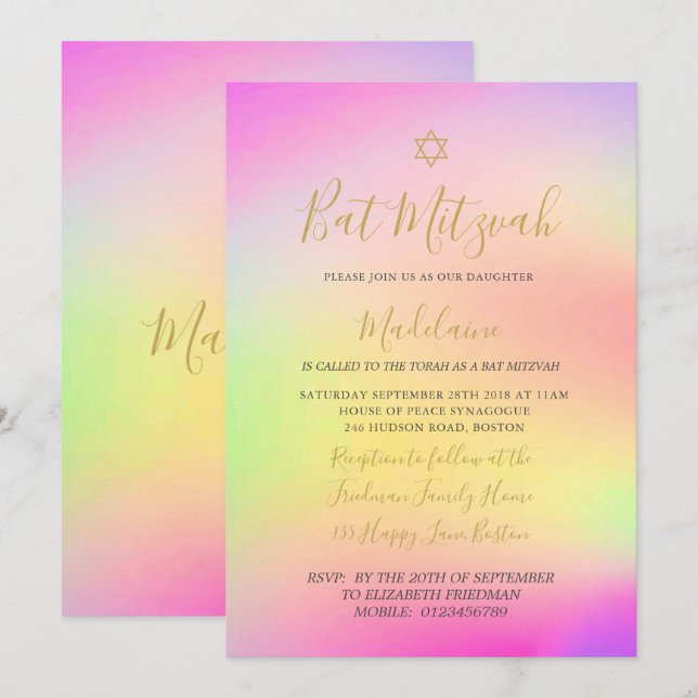 Judiska Bat mitzvah regnbåge Guld Girls Hebrew Inbjudningar (Fram/baksida)