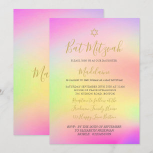 Judiska Bat mitzvah regnbåge Guld Girls Hebrew Inbjudningar