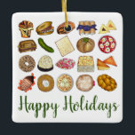 Judiska Cuisineet Glad helg Middag<br><div class="desc">Utformningen illustrerar en rad populära mat i judiskt cuisine, t.ex. babka, bagel med krämost och lox, rugelach, blåbär, hamantash, nymerimacka, kosherdill, matzah, spenattrik, shakshuka, allt bagel, kokosmakaron, israelisk sallad, kugel, bourekas. nötboskap, hakkräm med sur kräm, matzo boll soppa, sufganiyah och en kopaki. Denna design finns också tillgänglig för andra produkter....</div>