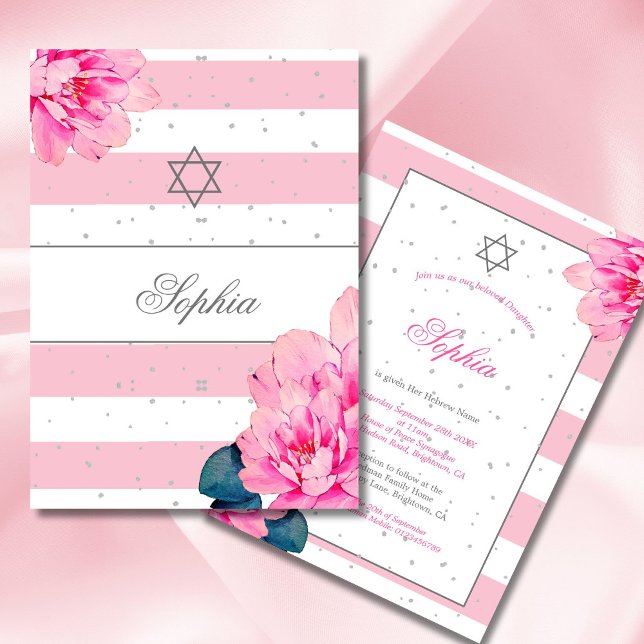 Judiska flicka Baby som namnger Rosa ros Hebrew Si Inbjudningar (Skapare uppladdad)