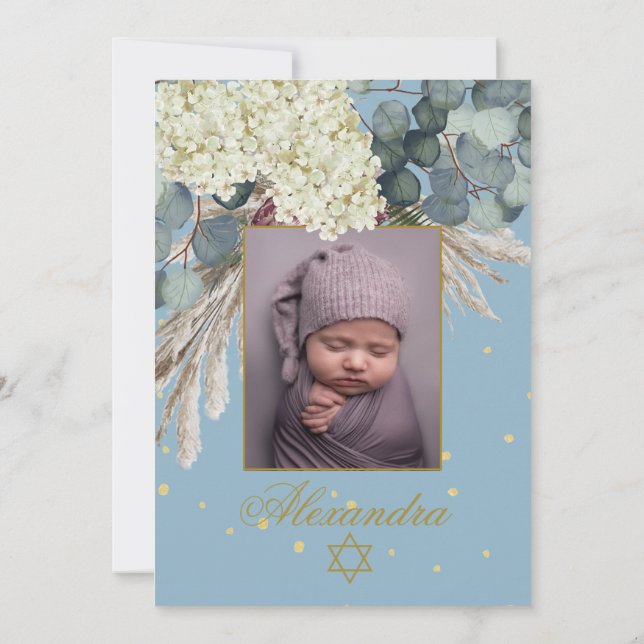 Judiska Flickfoto Baby Naming Blommigt Blue Guld Inbjudningar (Baksida)