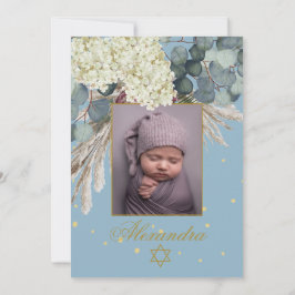 Judiska Flickfoto Baby Naming Blommigt Blue Guld Inbjudningar