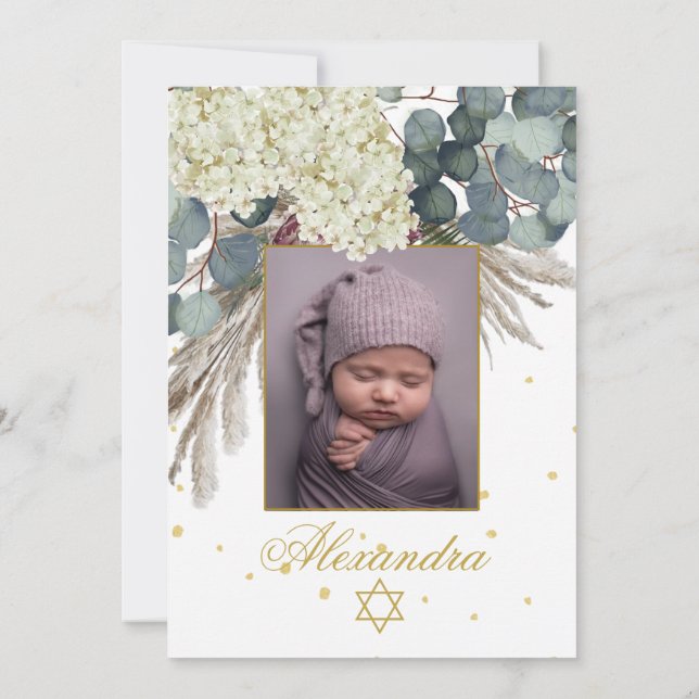 Judiska Flickfoto Baby Naming Blommigt Guld Inbjudningar (Baksida)