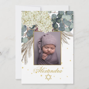Judiska Flickfoto Baby Naming Blommigt Guld Inbjudningar