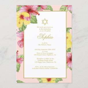 Judiska Girl Baby Naming Rosa Blommigt Hibiscus Inbjudningar
