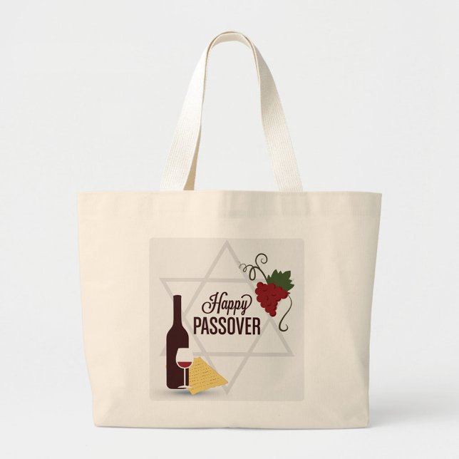 Judiska Helgdag Jumbo Tygkasse (A digital illustration on a cream-colored canvas tote bag depicts a Passover-themed graphic.)