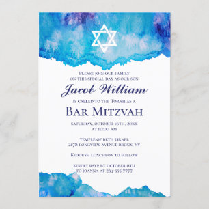Judiska inbjudan till Pub Mitzvah Blue Watercolor