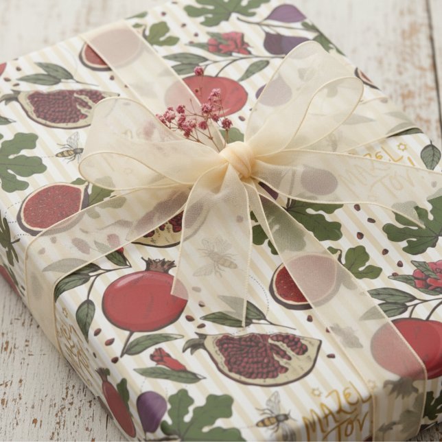 Judiska Mazel Tov Granatäpplen, Fikon, Honungsbin Presentpapper (Elegant Jewish Mazel Tov Wrapping Paper. Butter Yellow Stripes Pattern with Pomegranate Fruit & Figs)