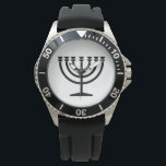 Judiska Menorah (judensimens symbol) Armbandsur<br><div class="desc">Denna design illustrerar en menorah som används av judar för att fira den åttadagarsvisa helgdag Hanukkah. Menorah är en niogrenade candelabrum som tänds under Hanukkah. Åtta av de nio grenar håller ljus (ljus eller oljelampor) som symboliserar de åtta nätterna i helgdag. Varje natt tänds ytterligare ett ljus än föregående natt...</div>