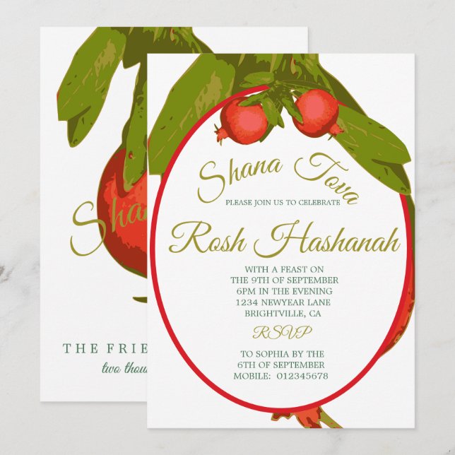 Judiska nyårsdagen Rosh Hashanah Pomegranat Inbjudningar (Fram/baksida)