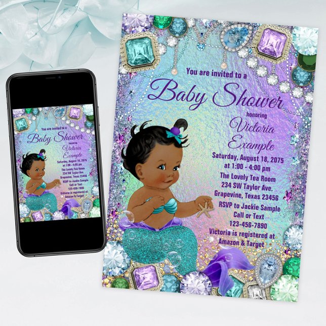 Judiska Sjöjungfrun African Sjöjungfru Baby Shower Inbjudningar (Mermaid baby shower invitation with adorable ethnic mermaid baby. For instant download and print.)