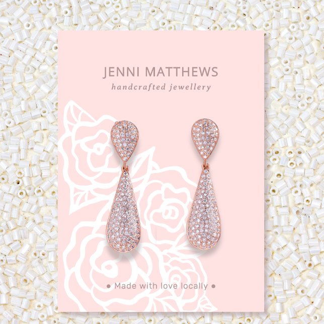 Judiska Visningar i  Rosa ros-Blommigten för kvinn Visitkort (Feminine Blush Pink Rose Floral Jewelry Display Business Card)