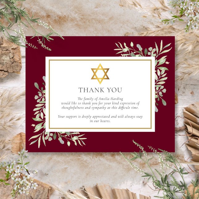 Judiskt begravningsminne bladverk guld davidstjärn tack kort (Jewish Funeral Memorial Foliage Gold Star Of David Thank You Card)