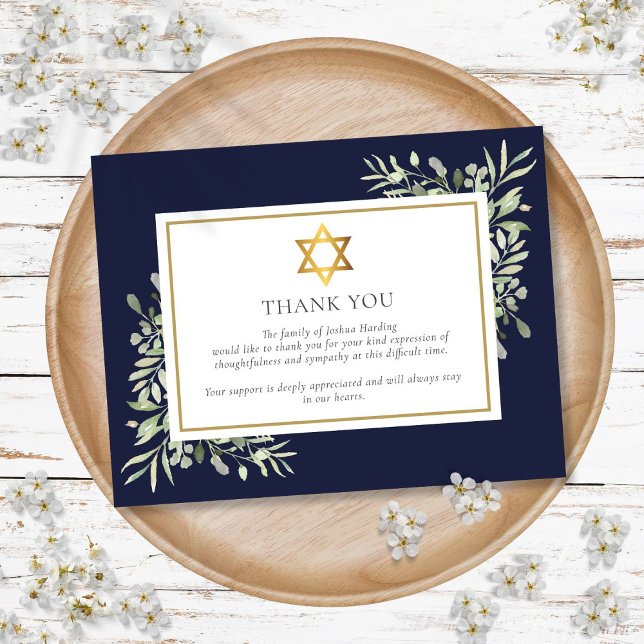 Judiskt begravningsminne bladverk guld davidstjärn tack kort (Jewish Funeral Memorial Foliage Gold Star Of David Thank You Card)