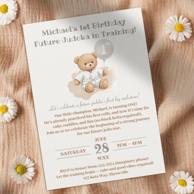 Judo Bear’s First Belt" – 1st Birthday White Belt Inbjudningar (Skapare uppladdad)