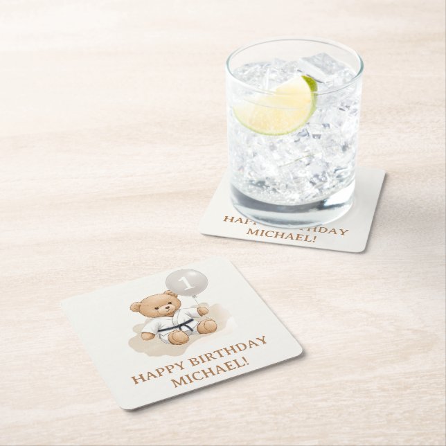 Judo Bear Turns One" – 1st Birthday 【Black-belt】 Underlägg Papper Kvadrat (Insitu)