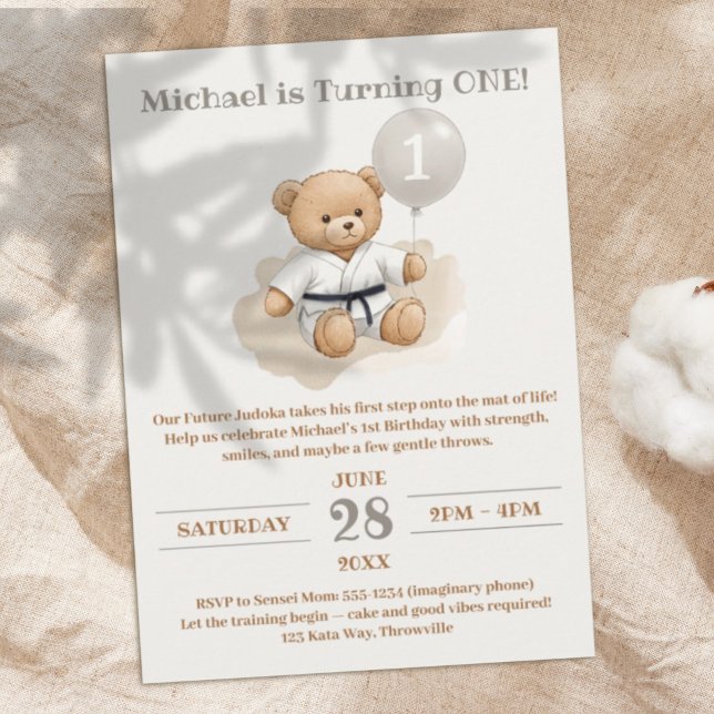 Judo Bear Turns One" – 1st Birthday Inbjudningar (Skapare uppladdad)