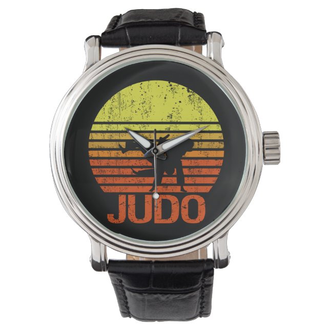 Judo Martial Arts Fighter Silhouette Stripes Retro Armbandsur (Framsida)
