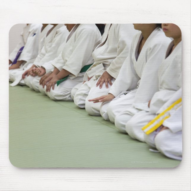 Judo-spelaren sitter ner till en rad musmatta (Framsidan)