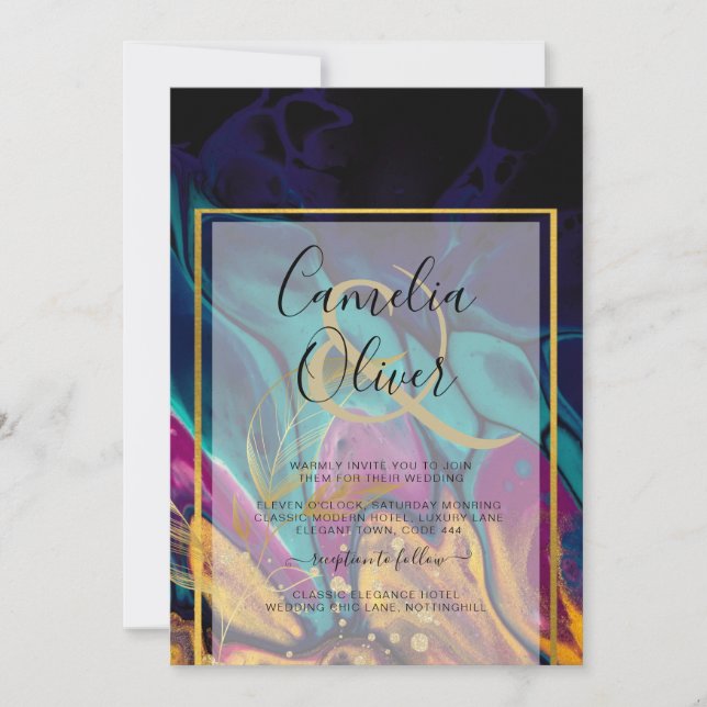 Juel Tones BRÖLLOP BLÄCK Plum Lila Teal Navy Guld Inbjudningar (Framsida)
