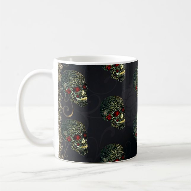Jueled Spider Skull & Ro Glam Gothic Filigree Kaffemugg (Vänster)