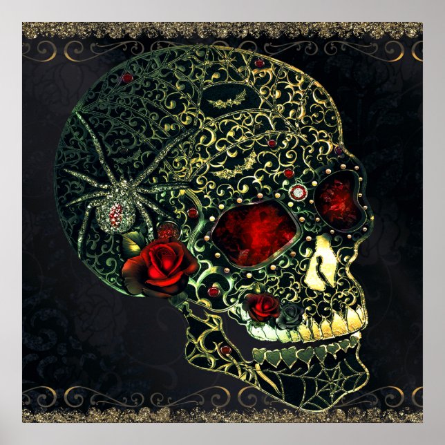 Jueled Spider Skull & Ro Glam Gothic Filigree Poster (Framsidan)