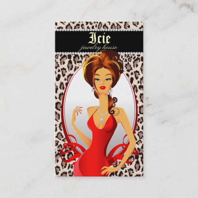 Juelry Diamonds Red Leopard Beige Visitkort (Framsida)