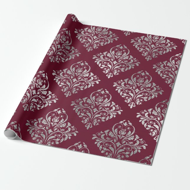 Juelry Royal Damask Maroon Burgundy Vip Silver Presentpapper (Utrullad)