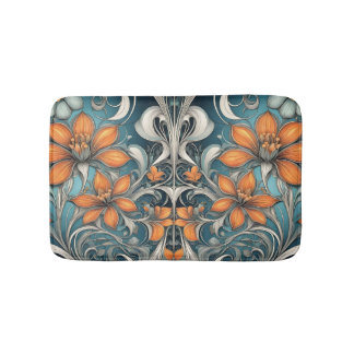 Jugendblommönster turkos orange badrumsmatta