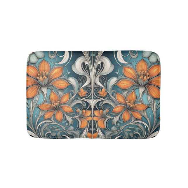 Jugendblommönster turkos orange badrumsmatta (Framsidan)