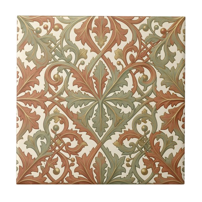 Jugendstil Bladscrolls Terrakotta Salvia Mönster Kakelplatta (Framsidan)