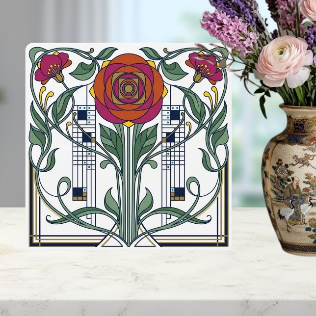Jugendstil Blomma Ros Geometrisk Konst Design Kakelplatta (Skapare uppladdad)