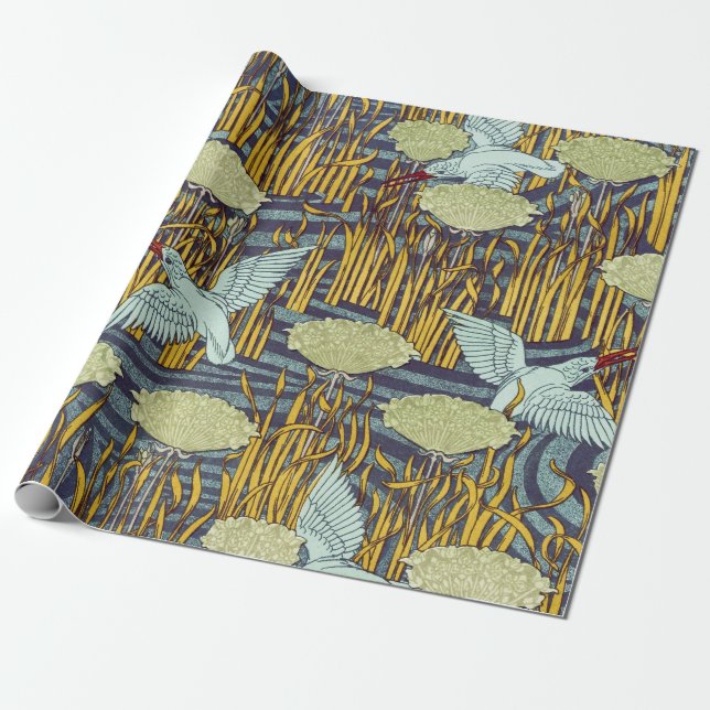 Jugendstil fågel & träsk naturmönster presentpapper (Utrullad)