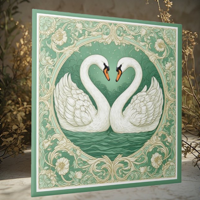 Jugendstil Grön Svanpar Sjöns Blommotiv Kakelplatta (Art Nouveau Green Swan Couple Lake Floral Motifs Ceramic Tile)
