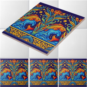 Jugendstil Karpfiskar & Blommor Friz Mönster Kakelplatta
