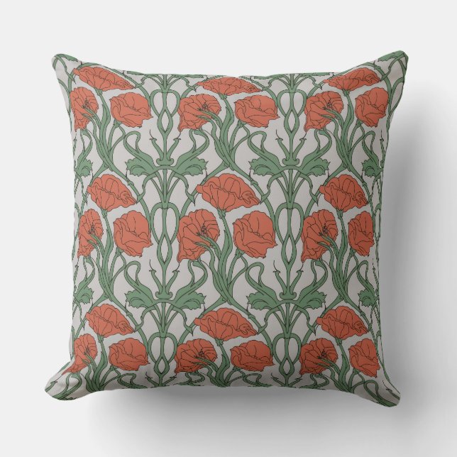 Jugendstil Rött Vallmo Blommönster Kudde (Framsida)