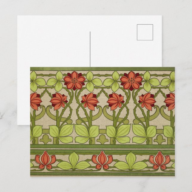 Jugendstil Sagegrönt Blommigt Mönster Vykort (Fram/baksida)