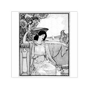 Jugendstilsolfjäderskvinna Vintageillustration Självfärgande Stämpel