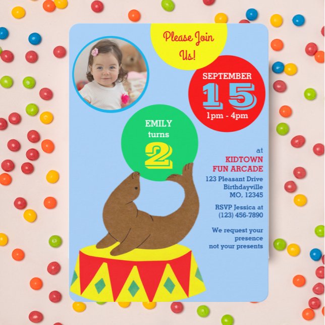 Juggling Circus Seal Kids Photo Birthday Inbjudningar (Skapare uppladdad)