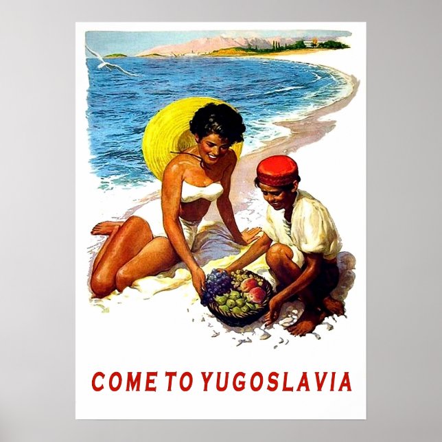 Jugoslavien, kvinna på stranden med fruktförsäljar poster (Framsidan)