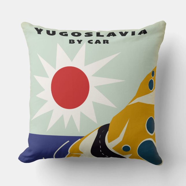 Jugoslavien med bil vintage resaffisch Canvas Pri Kudde (Framsida)