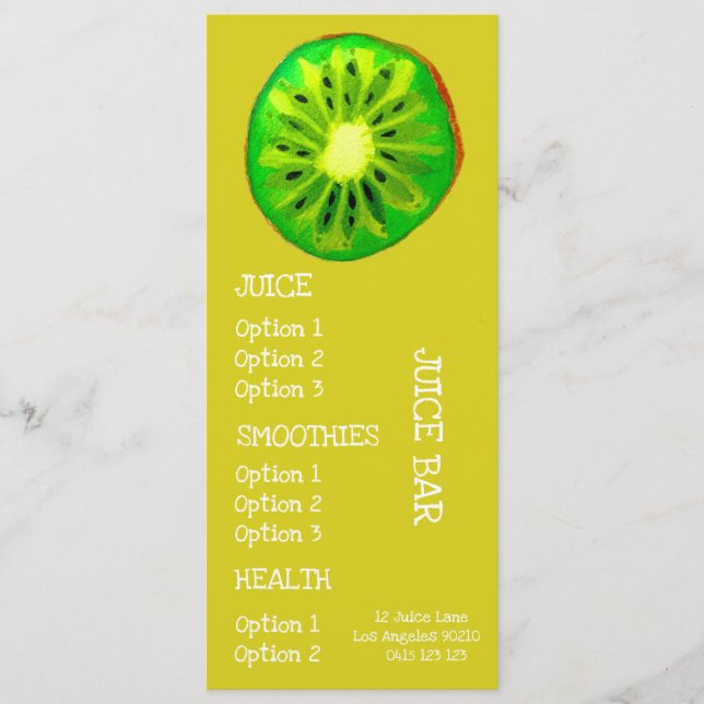 Juicehälsodrycker Kiwi-fruktsmeny Meny (Framsida)
