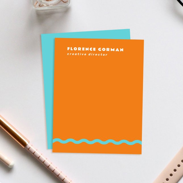 Juicy Orange och turkos Vågigt Ram Personal Tack Kort (bright juicy orange personal stationery note cards with turquoise blue backer and wavy line detail)