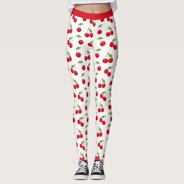 Juicy Red Cherries Red and White Patterned Leggings (Framsida)