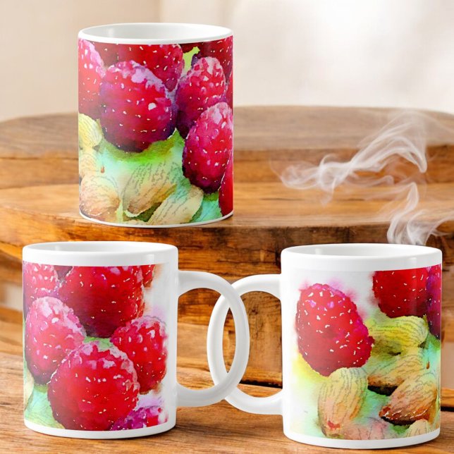 Juicy Red Raspears och Almonds Watercolor Mugg (A view around the entire ceramic mug )