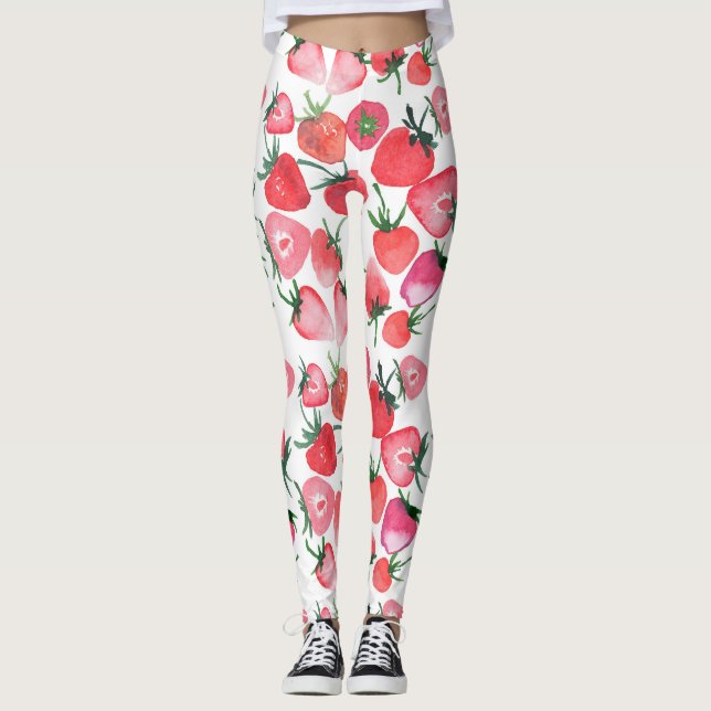 Juicy Red Strawbär Watercolor Mönster Leggings (Framsida)