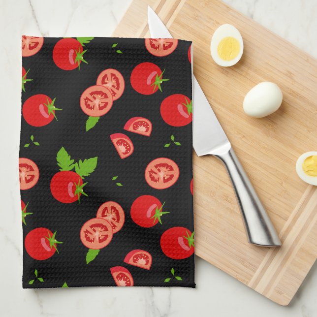 Juicy Red Tomato Mönster på Black Kökshandduk (Vikt i Fjärdedel)